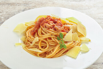 Italian pasta Spaghetti bolognese with parmesan