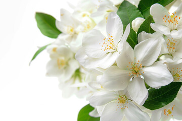 Fototapeta premium A bouquet of white flowers with green leaves on a white background The flowers are orange blossoms