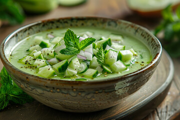 A bowl of cucumber gazpacho soup with fresh mint leaves, onions and a little olive oil, served in a ceramic cup