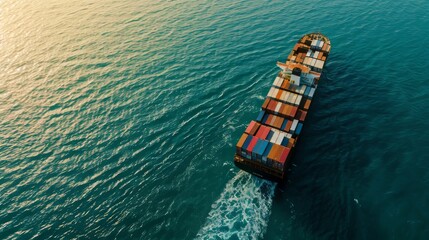 Generative AI Aerial view of a massive freighter, containers neatly arranged, vast ocean expanse, realistic details, photorealistic style