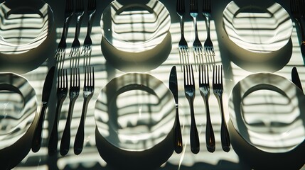 Backlit plastic forks and plates on a light table