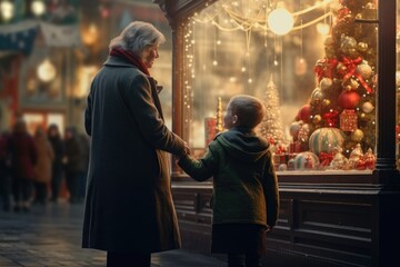Fototapeta premium Grandmother and Child Enjoying Christmas Display