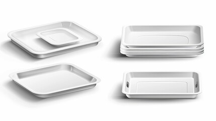 Trays that are square and round. 3D white food stand mockup, empty dinner containers, realistic plastic serving tray, various views, single objects and stacks, and vector isolated set