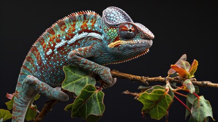 Obraz premium Vivid Chameleon Balancing on Branch Against Dark Background