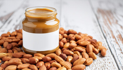 Peanut, almond, nut butter jar mockup with blank label. Closeup