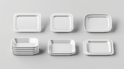 Trays that are square and round. 3D white food stand mockup, empty dinner containers, realistic plastic serving tray, various views, single objects and stacks, and vector isolated set