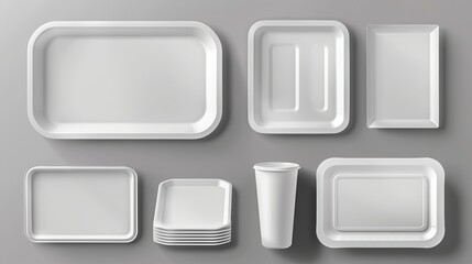 Trays that are square and round. 3D white food stand mockup, empty dinner containers, realistic plastic serving tray, various views, single objects and stacks, and vector isolated set