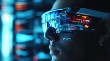 Man using virtual reality headset with digital interface. Futuristic VR technology concept.