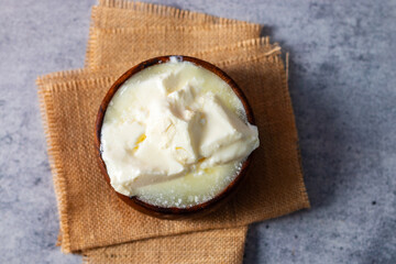 selective focus of Curd with an wooden bowl. 