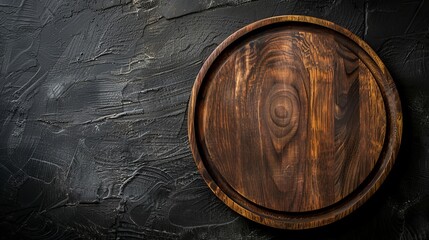 On black table, circular wooden tray or cutting board. Top view of barren kitchen with saw-cut imitation trendy rustic wooden tray.  Background of food and menu items.