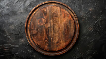 On black table, circular wooden tray or cutting board. Top view of barren kitchen with saw-cut imitation trendy rustic wooden tray.  Background of food and menu items.