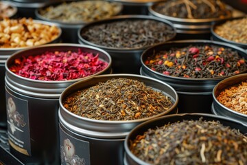 Variety of gourmet loose tea blends in circular containers.