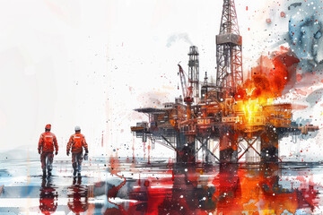Red watercolor paint of engineers working on offshore oil and gas drilling
