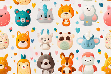 Set of funny animals. Cute animals in a cartoon style. Seamless pattern.