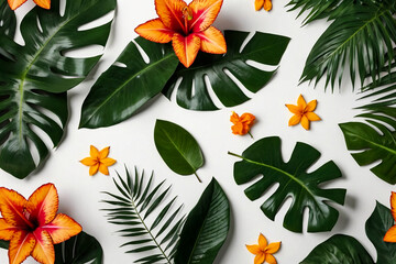 Composition with fresh tropical leaves, exotic flowers on white isolated background, flatlay. Summer concept with flower pattern. Mock-up, wallpaper. Copy ad text space. Generative Ai illustration