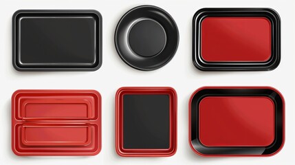 Red plastic or metal tray salvers in the shapes of circles and rectangles, set of two. Vector illustration 