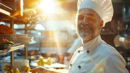 A man wearing a chefs hat stands in a busy kitchen, surrounded by pots, pans, and cooking utensils. He appears focused on his next culinary creation.