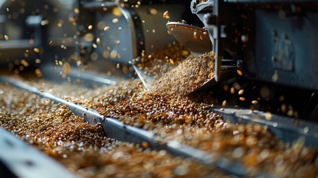 Wheat grains flowing in industrial food processing plant.