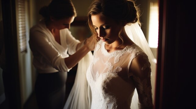 Bride getting assistance with her gown by a window.