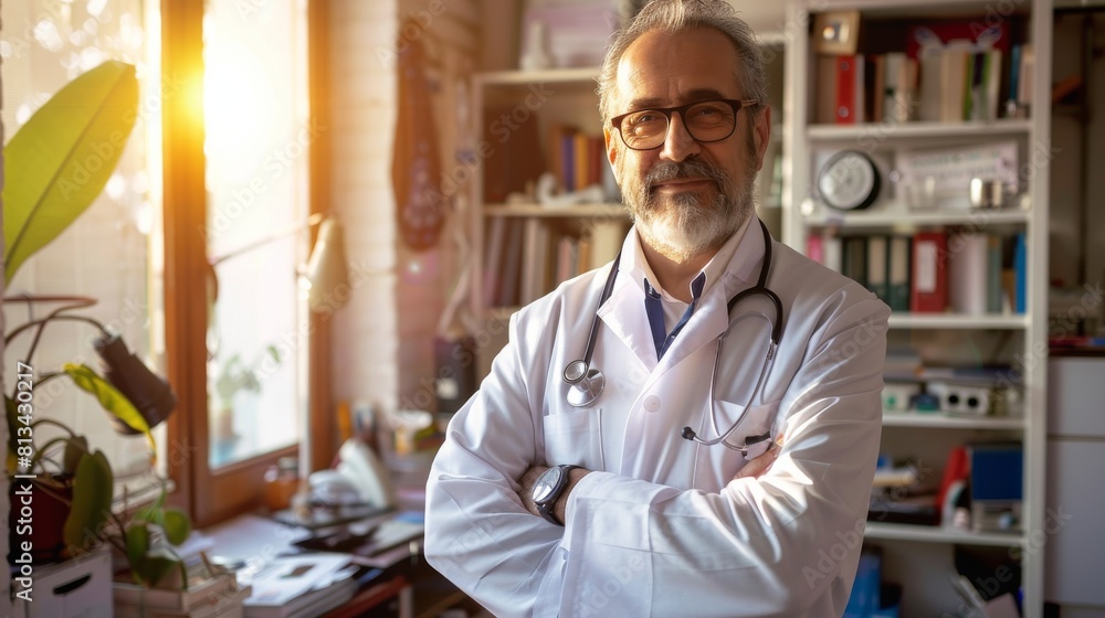 Poster A man in a lab coat standing in front of a bookshelf, appears to be examining books and conducting research in a laboratory setting.