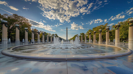 National World War II Memorial, depicting the central fountain surrounding pillars adorned with...