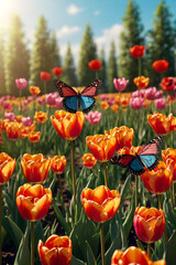 Colorful tulips with butterflies against soft blue sky, symbolizing freshness. Vibrant tulips with butterflies on spring day, sunshine. Spring nature concept. Copy ad text space. Generate Ai