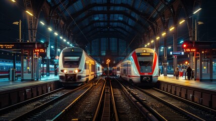 Two modern trains at a station during night time. Long exposure photography.