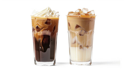 Cold and hot iced coffee drinks with cream swirl.