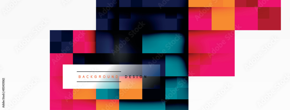 Poster a vibrant display of colorfulness with azure, magenta, and electric blue squares arranged in a symme