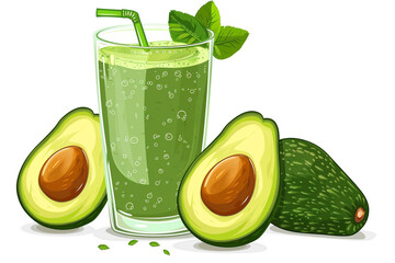 A cartoon avocado and a glass of green smoothie on a white background 