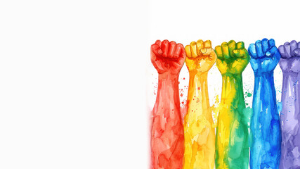 Rainbow watercolor of many raise woman fist for pride homophobia human rights