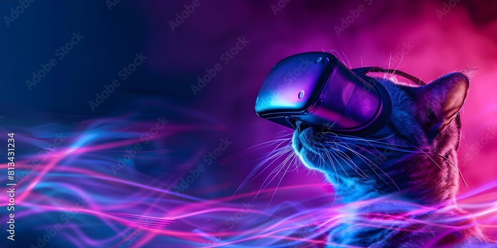 Poster cyber-savvy cat: navigating cyberspace in vr goggles and digital coding. concept internet safety, vi
