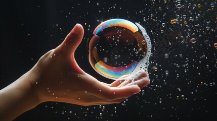 A hand holding a soap bubble with water. - Powered by Adobe