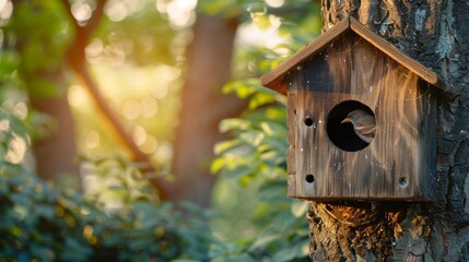 A birdhouse is on the side of a tree.