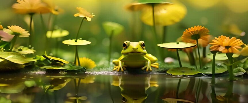 Minimalist 3D-rendered paper-cut of a frog amid raindrops on water lilies, blurred pond background,
