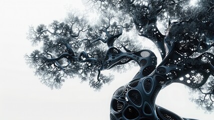 Discover a detailed, large futuristic tree in dark colors, blending technology with nature against a white background. Experience the whimsical fusion of tech and nature.