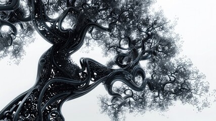 Detailed large futuristic tree, in dark colors. Technology mixed with nature, outline, white background. Whimsical Tech Nature. --ar 16:9 Job ID: 2155e223-767d-4d61-b701-3c5573175d9a