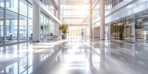 Obraz premium Contemporary design aesthetic in an empty modern office building interior with natural light. Concept Modern Architecture, Natural Light, Contemporary Decor, Open Space, Empty Office Building,