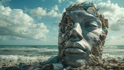 Discover the striking contrast of a human face statue amidst trash on the beach, depicting the concept of clean beaches and recycling. Ultra-realistic trash art making a statement.