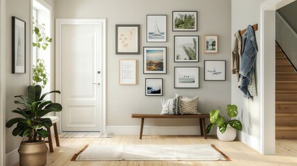 Blank collage frame mockup on a hallway wall, with family portraits and travel mementos suggesting a welcoming, personalized home.
