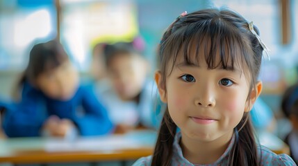 教室で微笑む日本の女子小学生