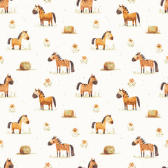 Fototapeta premium Seamless vector pattern, cute watercolor horses in a flower meadow
