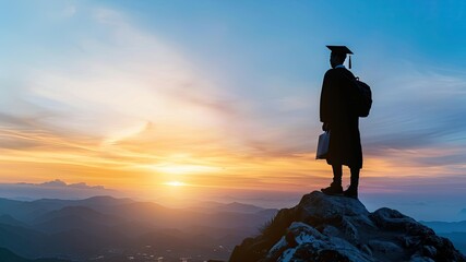 Silhouette of a graduate student atop a mountain, symbolizing educational success, career achievement, and professional accomplishments, with ample copy space.