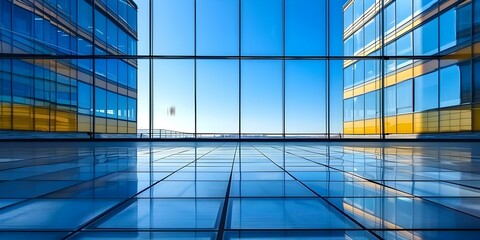 Glass floor in modern office building with clear blue sky background. Concept Architecture, Modern, Glass Floor, Office Building, Blue Sky