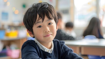 教室で微笑む日本の男子小学生