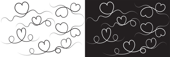Set of Heart text Divider icons. Divider ornament, corner borders. Hand drawn doodle love line for valentine day designs on white and black background. Decoration linear icon paper break. EPS 10