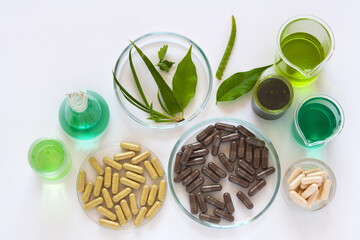 Development of new types of dietary supplements with extracts from medicinal herbs. Top view of ...