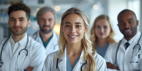 Fototapeta premium A diverse medical team of physicians and nurses smiling in a hospital office.