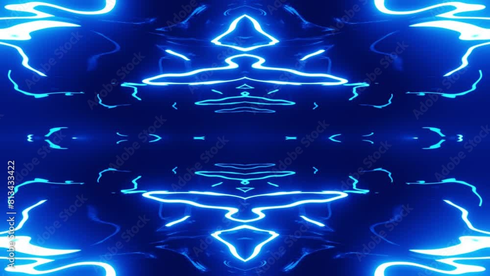 Poster 4k seamless looped animation. fly through mirror symmetrical tunnel with neon pattern, sci fi glow p