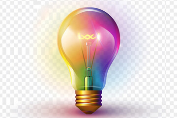 a colorful glowing idea bulb lamp, isolated design element on transparent background, visualization of brainstorming, bright idea and creative thinking